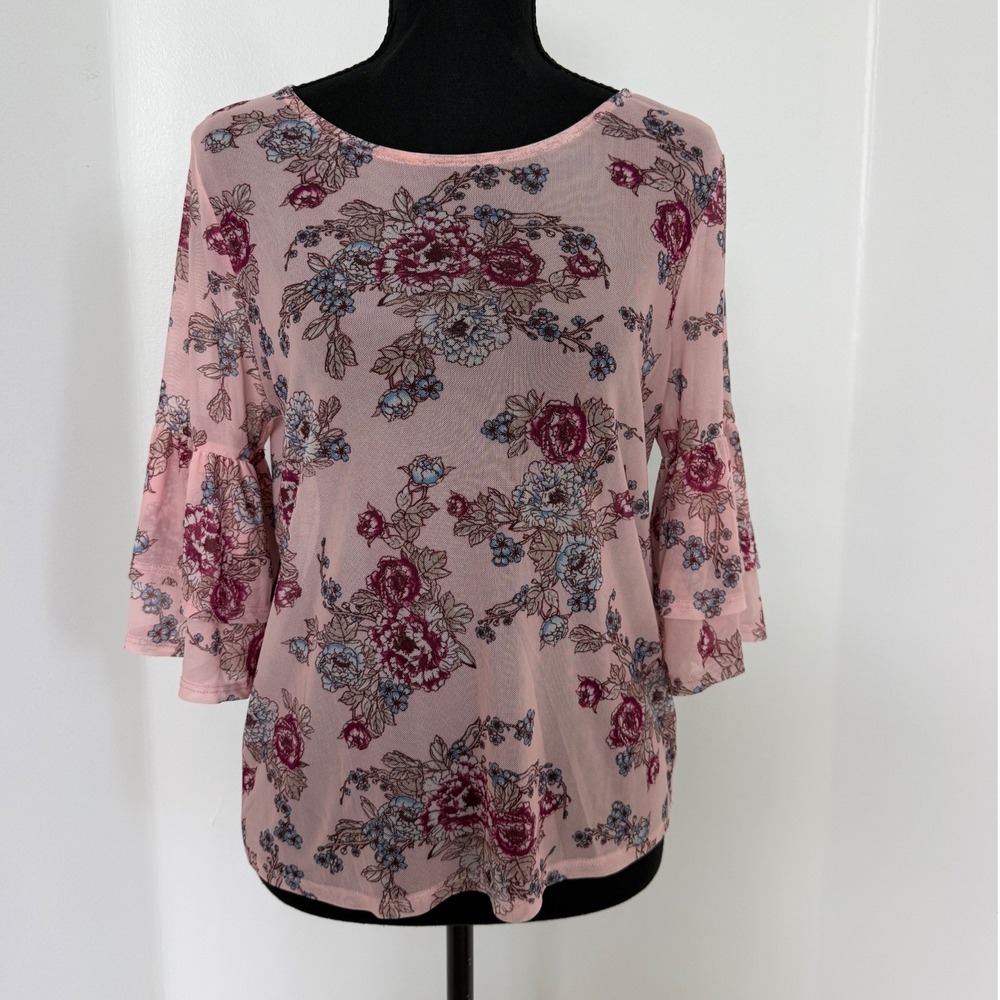 Mesh Pink Floral Sheer Bell Sleeve Top Blouse Almost Famous Fairycore Y2K Boho M